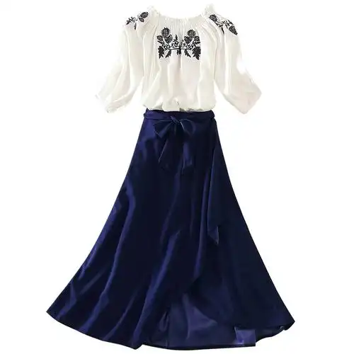 女装2019新款潮法国复古裙山本过膝两件套法国小众初春刺绣连衣裙