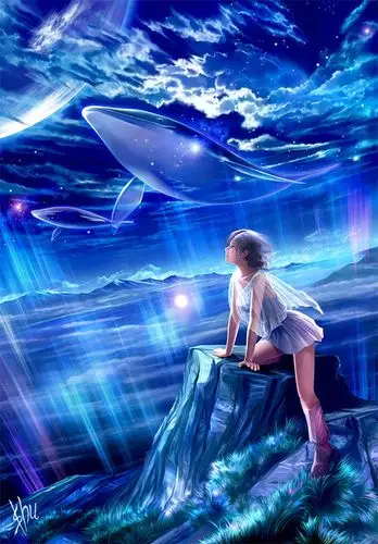 求一张小女孩凝望着星空的卡通图片