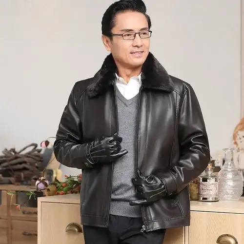 冬季男士男装爸爸人皮外套皮夹v男士衣男加绒中年中老年新款