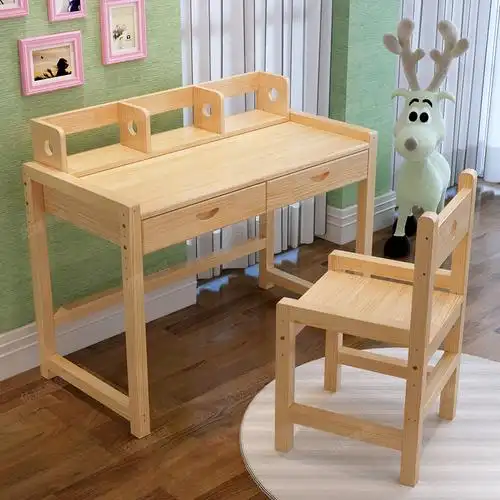 实木儿童升降学习桌子闪电客家用台式电脑桌学生书桌书架写字桌椅写字
