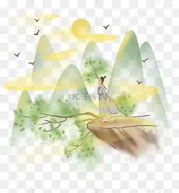 春天古风山上看风景的古代人