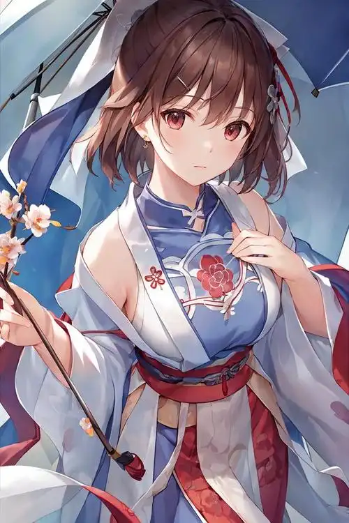 我们看到了一位充满活力的二次元女孩,她穿着华丽的汉服,仿佛从古代