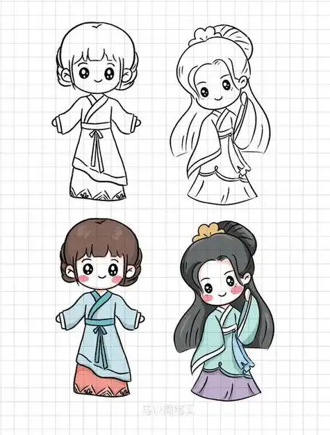 古代风卡通人物女孩简笔画