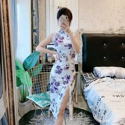 女装大佬蕾丝开叉旗袍伪娘cos用品cd变装连衣裙