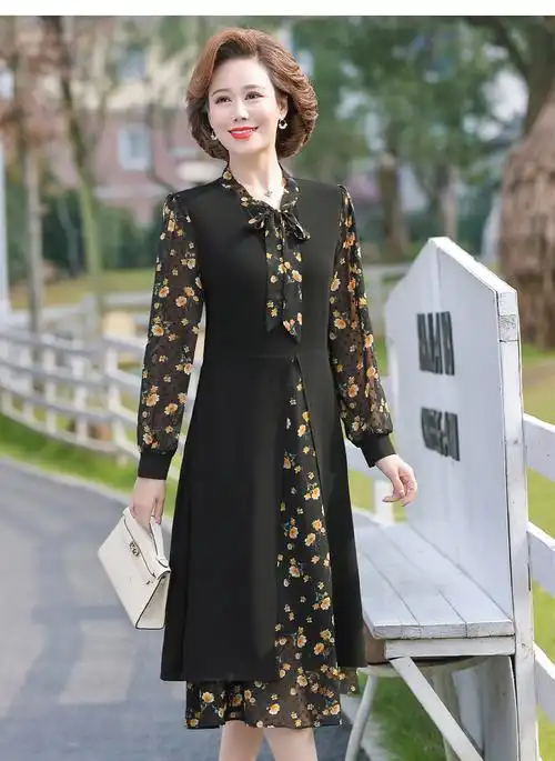 恒源祥妈妈连衣裙春秋40岁穿的过膝气质中老年女春装洋气打底衫长款