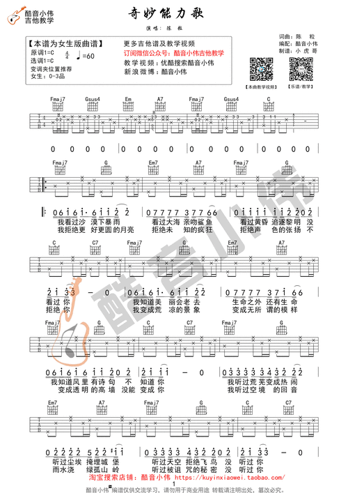 《奇妙能力歌》吉他谱c调指法(酷音小伟编谱)