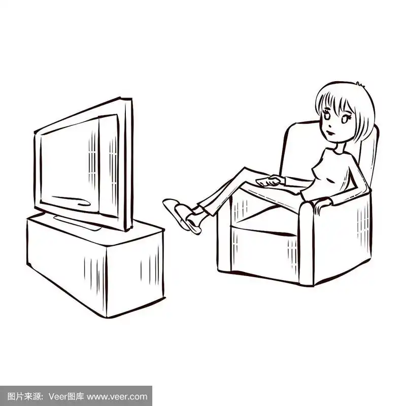 看电视.手绘卡通矢量插图.