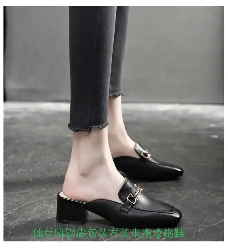 仙女风软皮高跟包头方头夏季外穿半拖鞋.