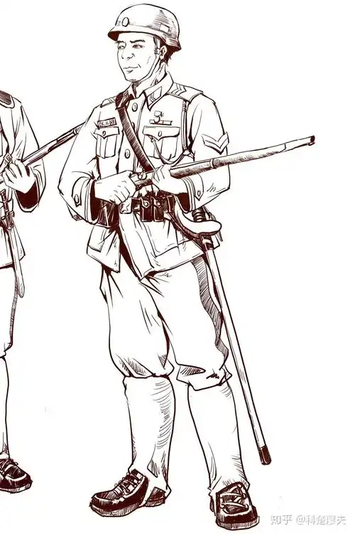 站在右边的是一名陆军上士,所以他穿的军装带有四个口袋,并且有简章和