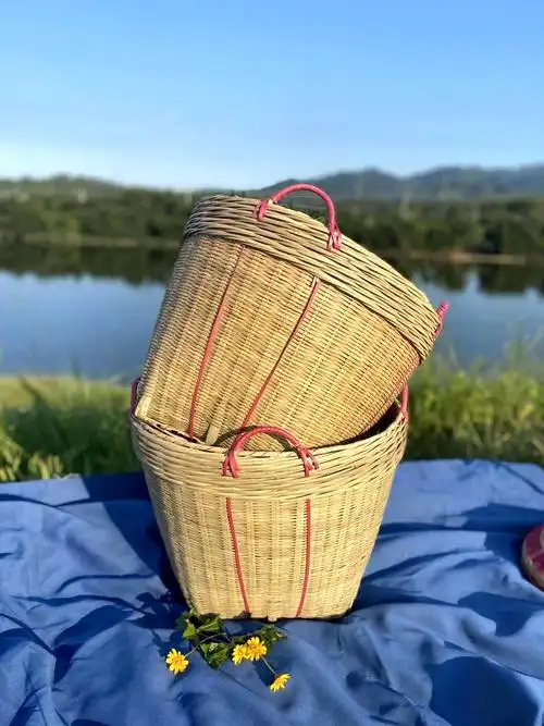 箩筐挑担担子结婚过礼竹编制品圆形扁担编织竹编