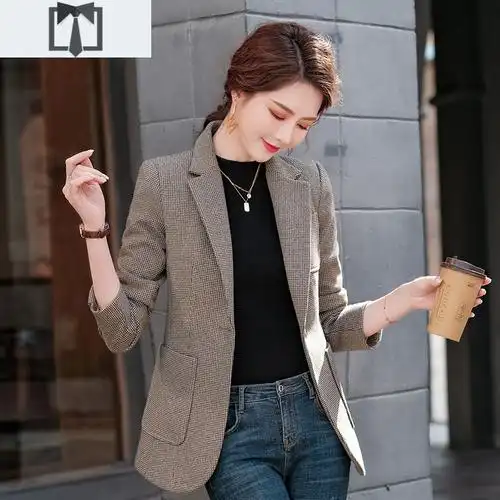 suntek格子西装外套女秋冬加厚千鸟格上衣韩版修身休闲高级感炸街小