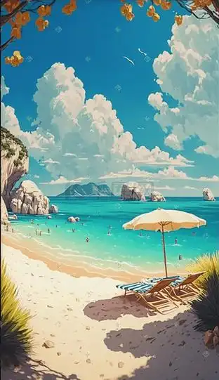 海滩唯美风景图片素材_夏天海滩唯美风景插画