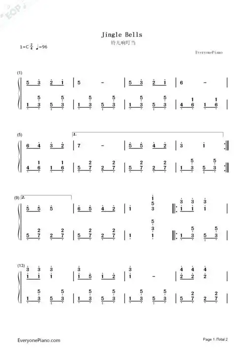 铃儿响叮当双手简谱预览1