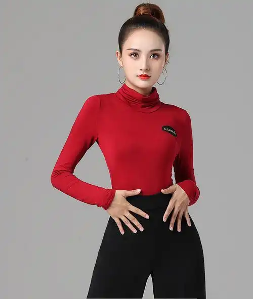 拉丁舞上衣女成人国标舞蹈高领摩登舞演出服新款长袖练功秋冬服装黑色