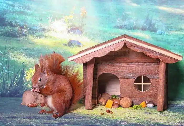 红松鼠在一座小房子上照片-正版商用图片0wuke9-摄图新视界