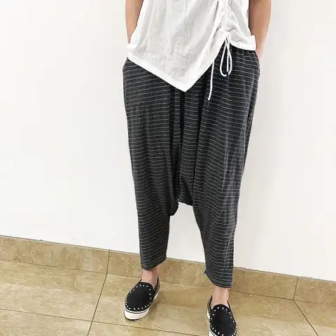 春夏新款休闲裤韩国七分大裆条纹吊裆裤松紧腰女裤潮大码垮裤显瘦