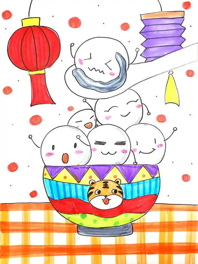 汤圆儿童画 #马克笔# #卡通画# #儿童画# #汤圆儿童画##元宵节儿童画