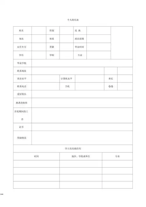 完整空白版个人简历表格