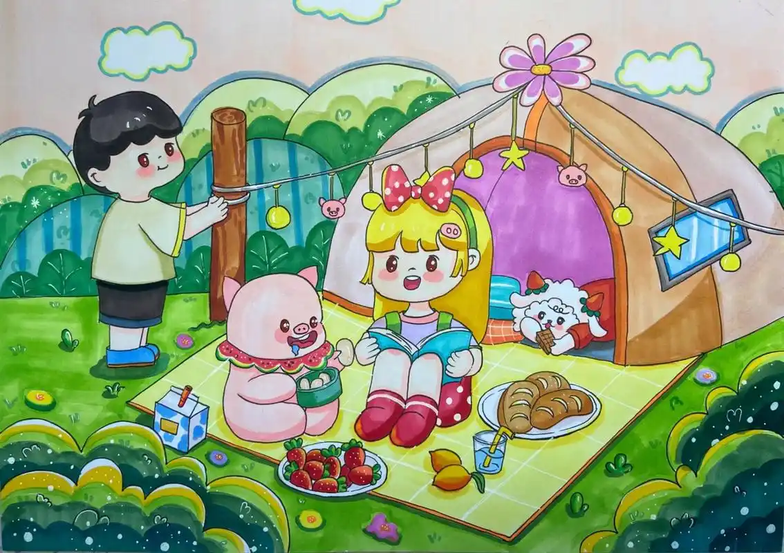 儿童画‖考级 『郊游,野餐,聚会』步骤图 临摹