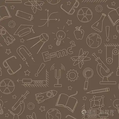 物理教育主题的无缝模式, 褐色背景上的简单轮廓米色轮廓