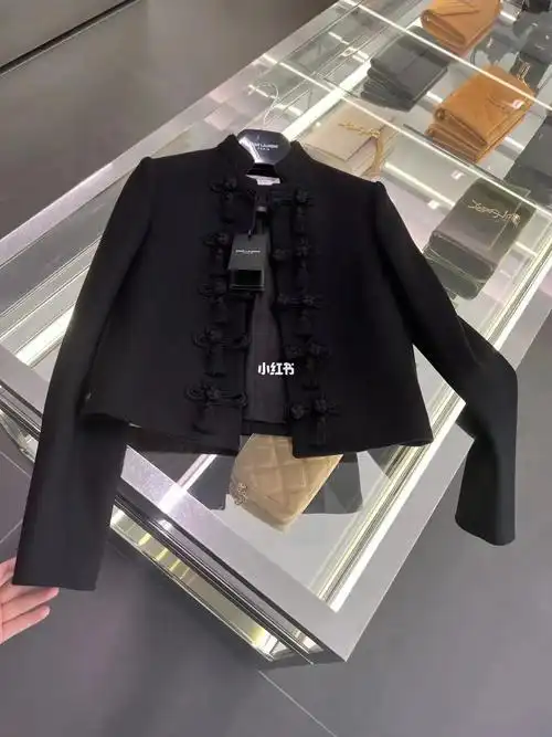 圣罗兰slp78女款黑色编织流苏纽扣羊毛外套