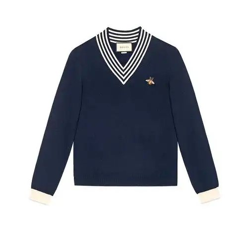 gucci 古驰男装 新款男士蜜蜂图案v领羊毛针织衫上衣 蓝色 深蓝色