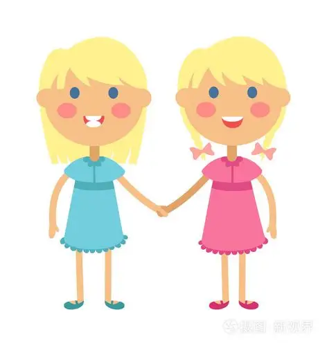 双胞胎快乐的孩子牵手男孩和女孩矢量插图.