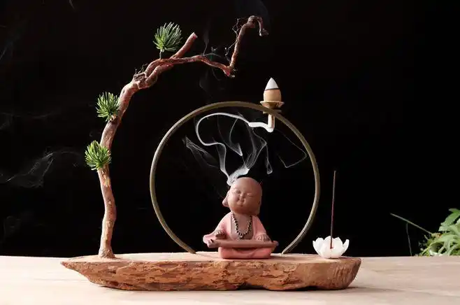 禅意风化木根雕摆件紫砂小和尚倒流香炉小沙弥现代工艺品家居饰品