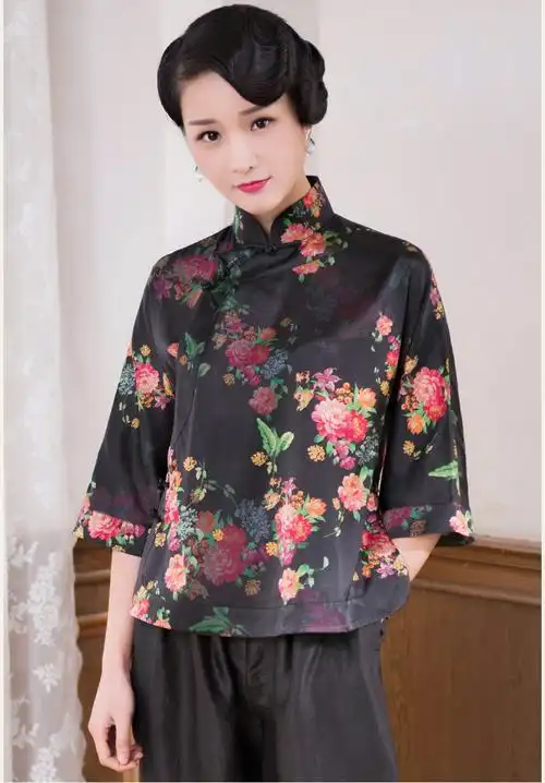 华族经典妈妈装唐装女中式复古风真丝盘扣上衣2018新款时尚短款春