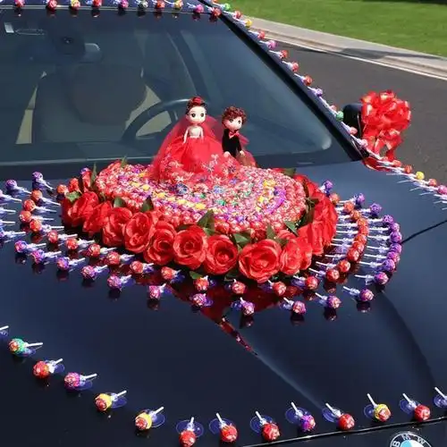 国庆结婚棒棒糖婚车装饰车头花全套装带吸盘式结婚布置大全副车花