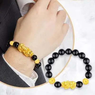 老庙黄金貔貅手链转运珠手串男配1cm15粒黑玛瑙2303元