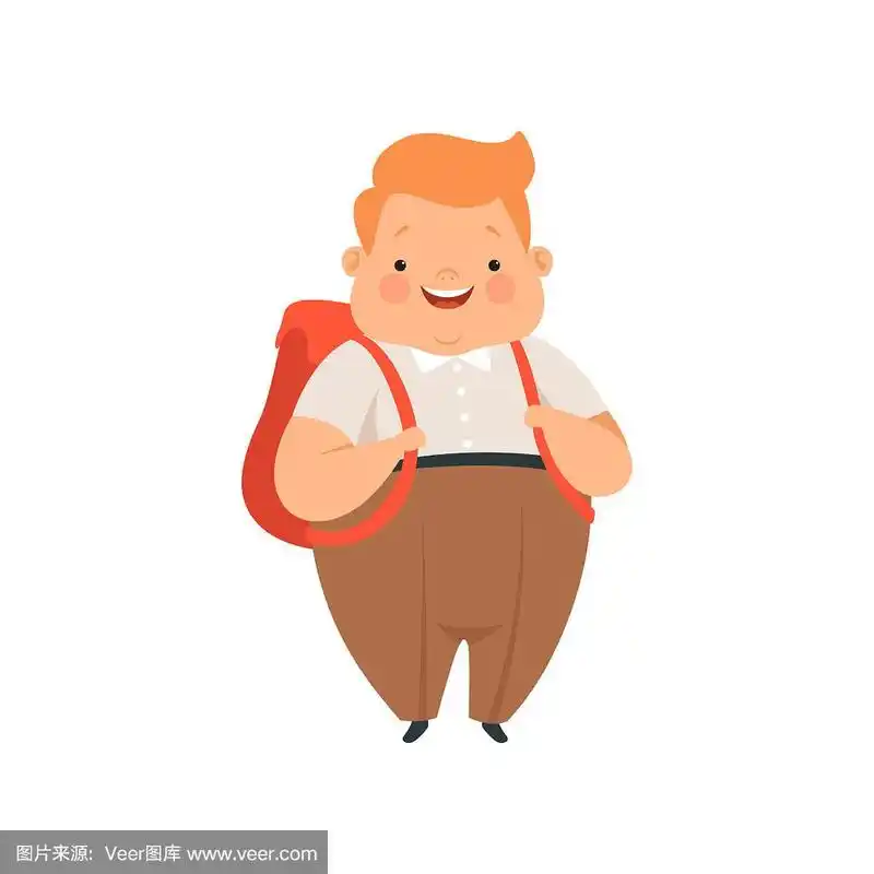 超重的男孩站在背包,可爱的胖乎乎的孩子卡通人物矢量插图在白色的