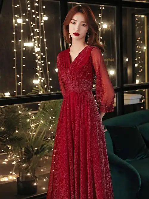 红色晚礼服裙女2021新款宴会气质年会长袖回门连衣裙夏新娘敬酒服