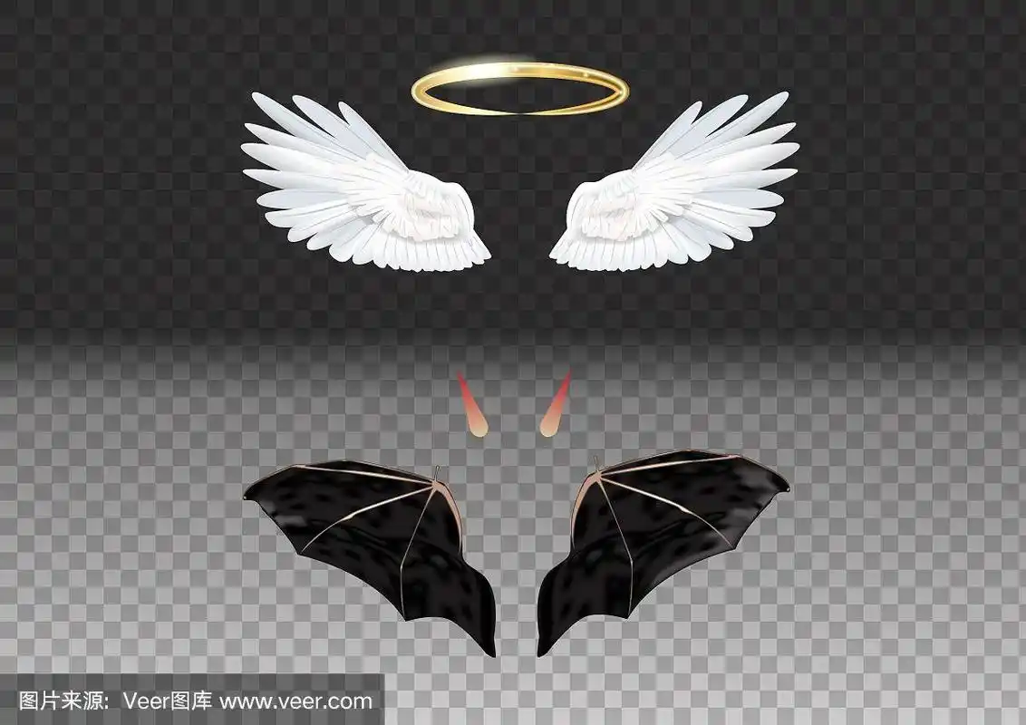 设置天使和魔鬼现实的翅膀,角和晕孤立在透明的背景.向量