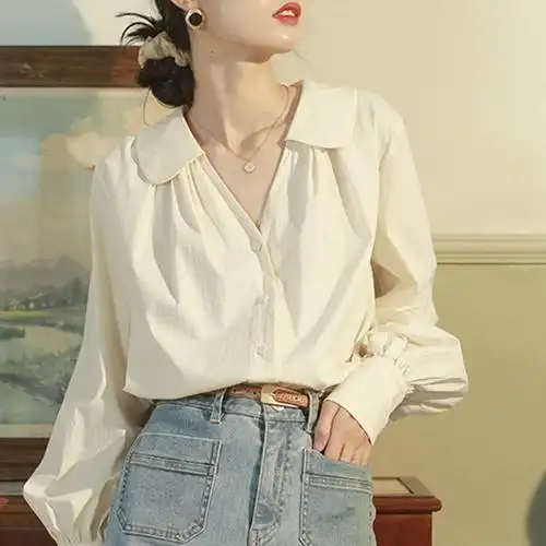 质检官图灯笼袖娃娃领衬衫女法式设计感小众韩版宽松复古气质上衣
