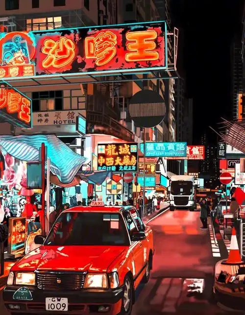 香港街景插画附过程图