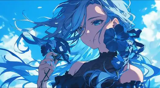 蓝天下,手拿玫瑰花,蓝发蓝裙伤感二次元美少女高清桌面壁纸图片二次元