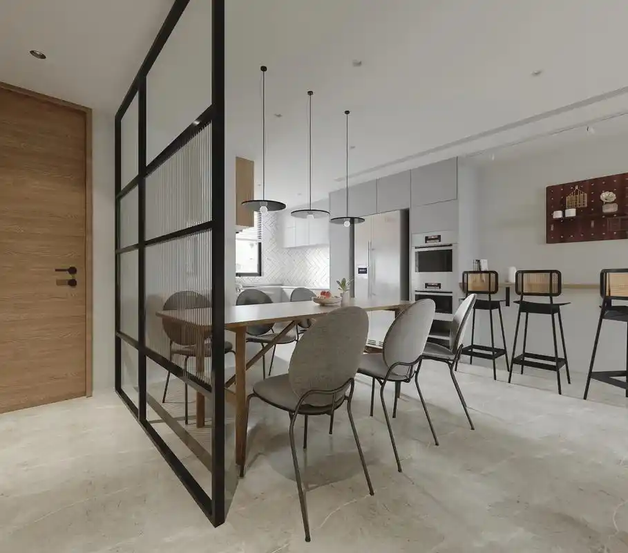 原木色背景墙的现代灰白调北欧风格装修案例.