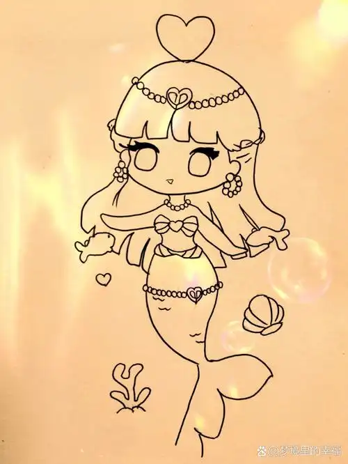 美人鱼黑白简笔画#绘画教程81(附过程) 卡通动漫美人鱼手绘简笔画74