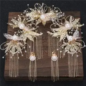 新娘头饰中式古装套装金色手工蕾丝流苏步摇发簪古风汉服秀禾发饰