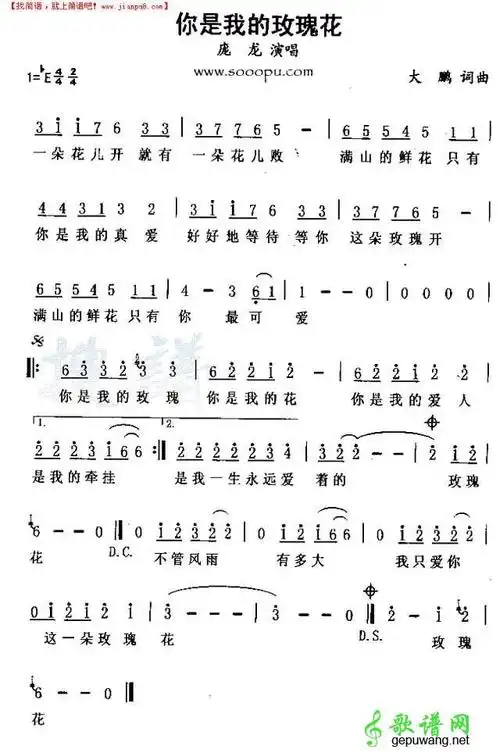 歌曲简谱:你是我的玫瑰花