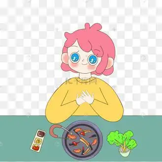 一个人吃烤肉的女孩卡通插画