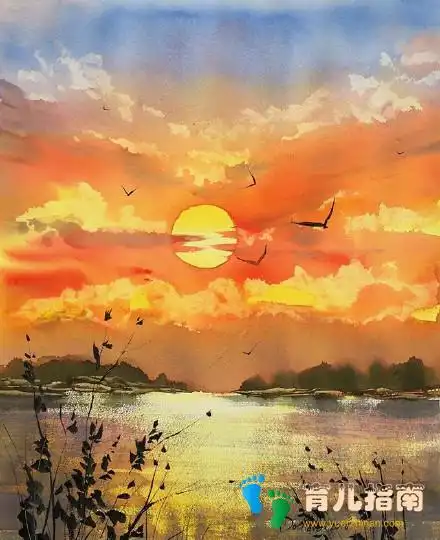 水彩画:远山近景,海鸥在嬉戏,夕阳西下一片世外桃源的景象