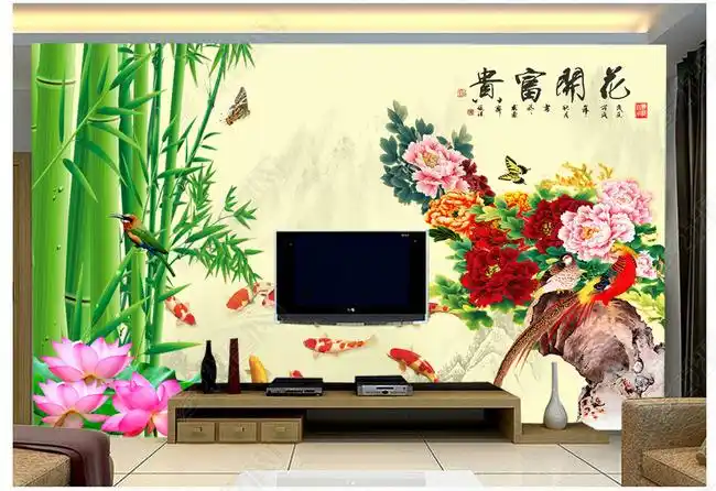 牡丹花九里鱼中式花开富贵电视背景墙