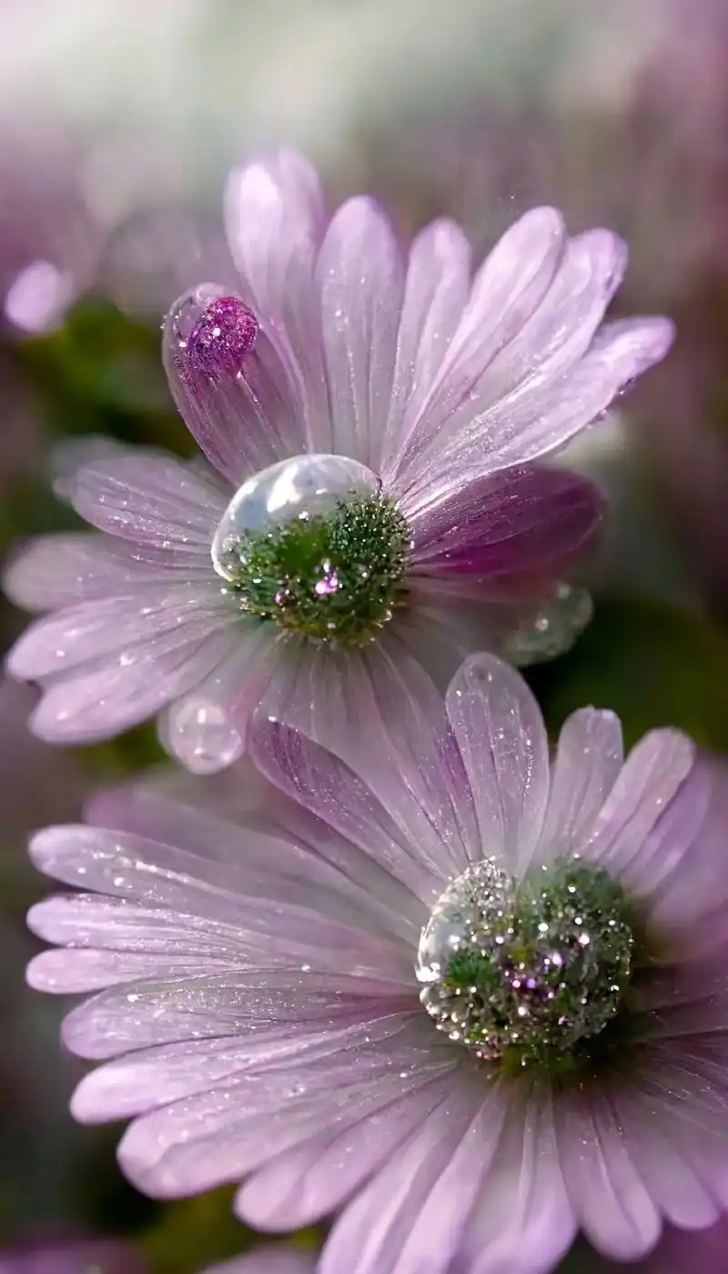 粉红色的雏菊像露珠一样晶莹花枝上许多的叶子