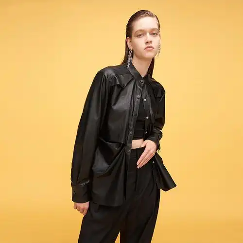 310mood设计师品牌iinc褶皱衬衫长袖人造人造皮皮夹克外套皮衣