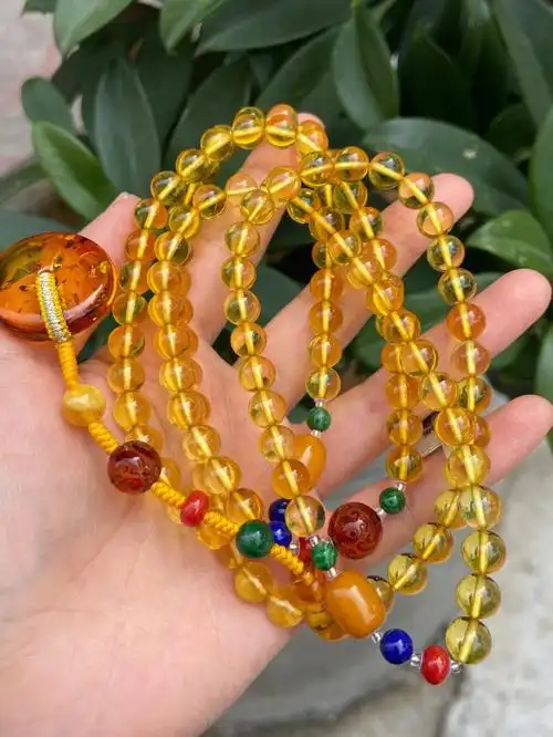 欧洲回流天然琥珀圆珠平安扣项链