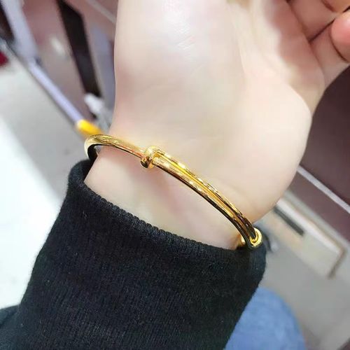 黄金手镯女款999足金素金光圈亮面手环3d硬金时尚简约推拉调节金镯子
