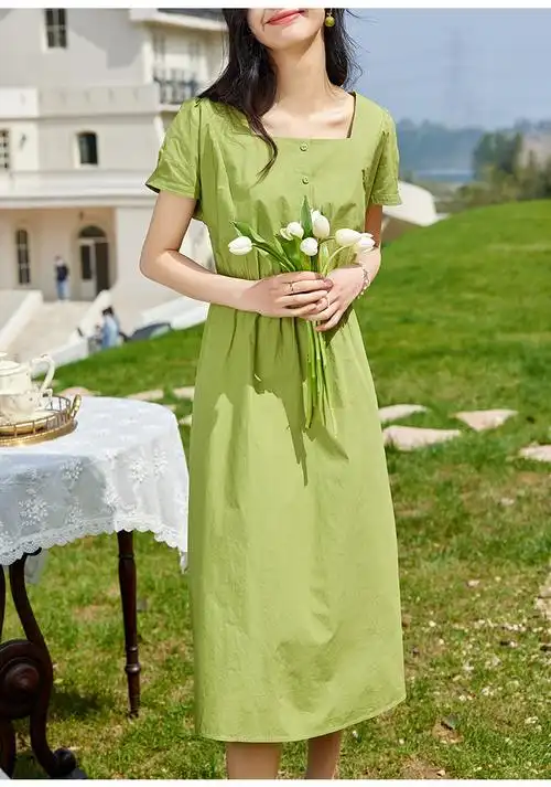 熙世界绿色方领连衣裙女夏2022新款简泡袖纯棉气质收腰裙子粉色s