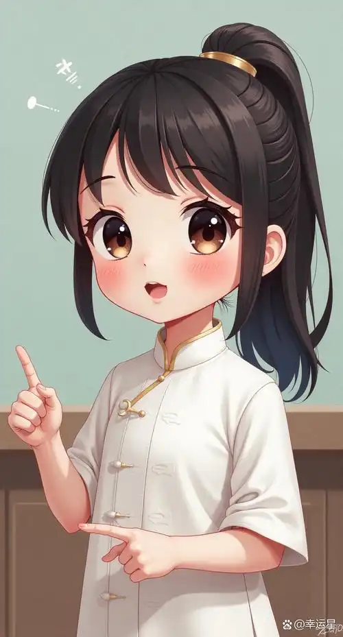 女孩扎着马尾辫,头发乌黑亮丽,并用红色丝带装饰